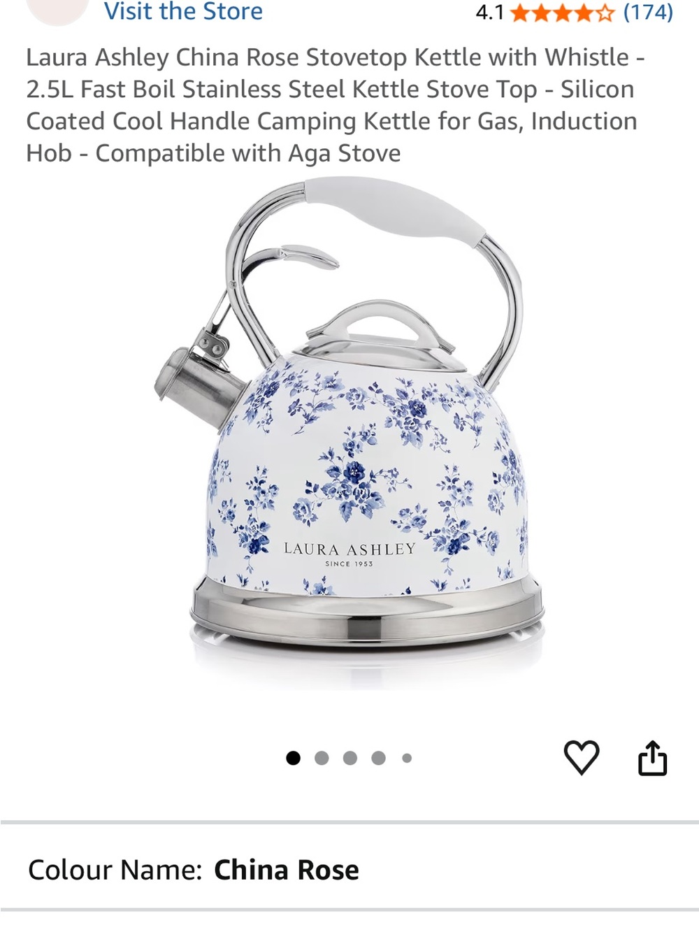 BNIB Laura Ashley China Rose Blue & White Stovetop Kettle